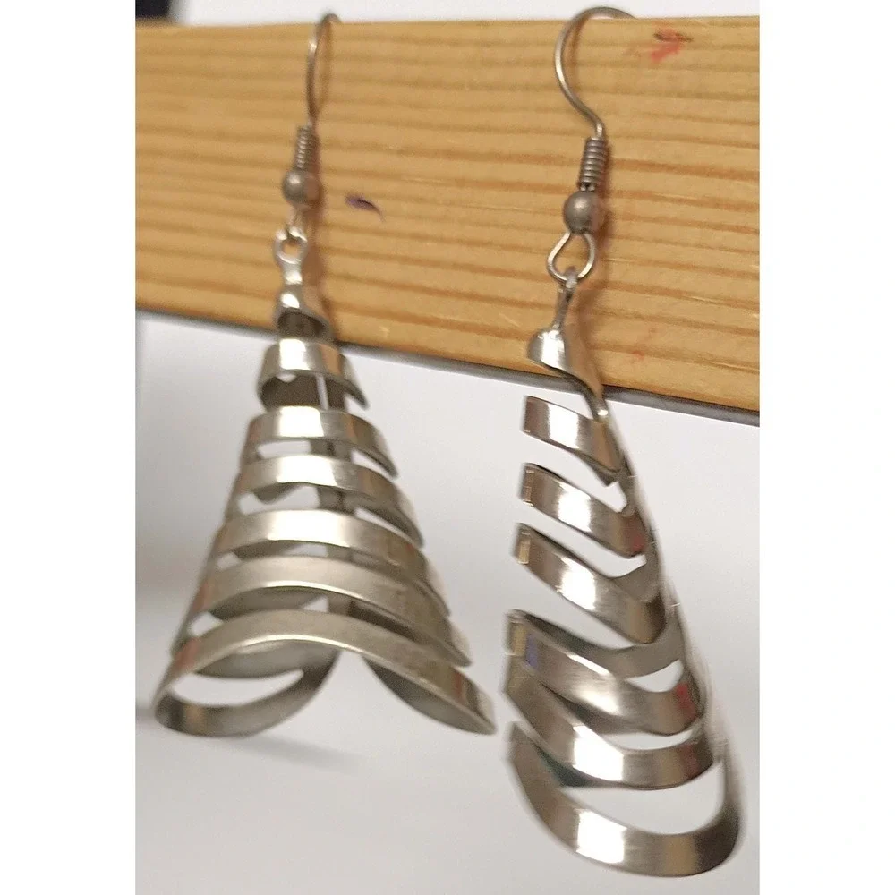 Sculptural Spiral Metal Earrings Vintage Silvertone Tree Like Dangle